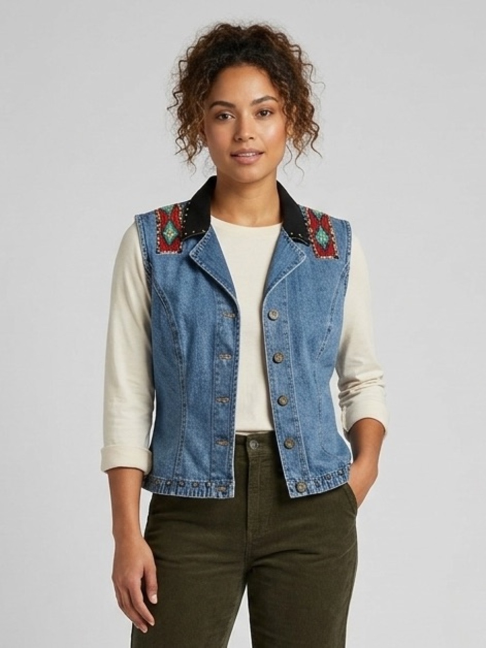 Hairston Roberson Ropa Vintage Denim Vest Cowboy Cowgirl Aztec Pattern Large